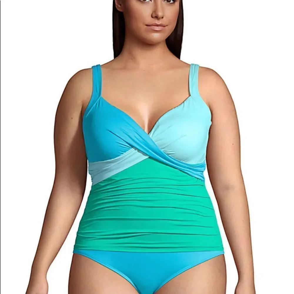 Land’s End V wrap underwire Tankini top green aqua turquoise adjustable Various